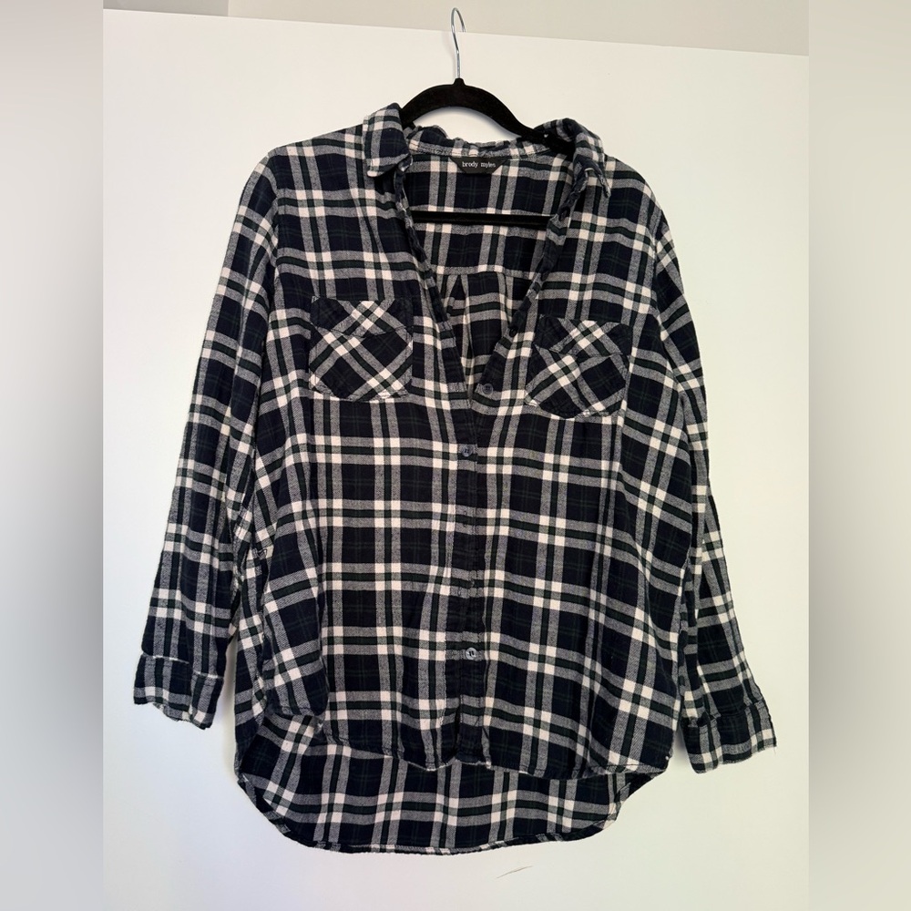 Navy blue, green, and white Plaid Button-Up Shirt